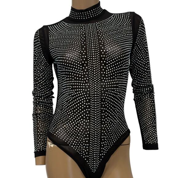 new small sheer mesh all over rhinestone mock neck bodysuit TLS2 2257 - Picture 11 of 11